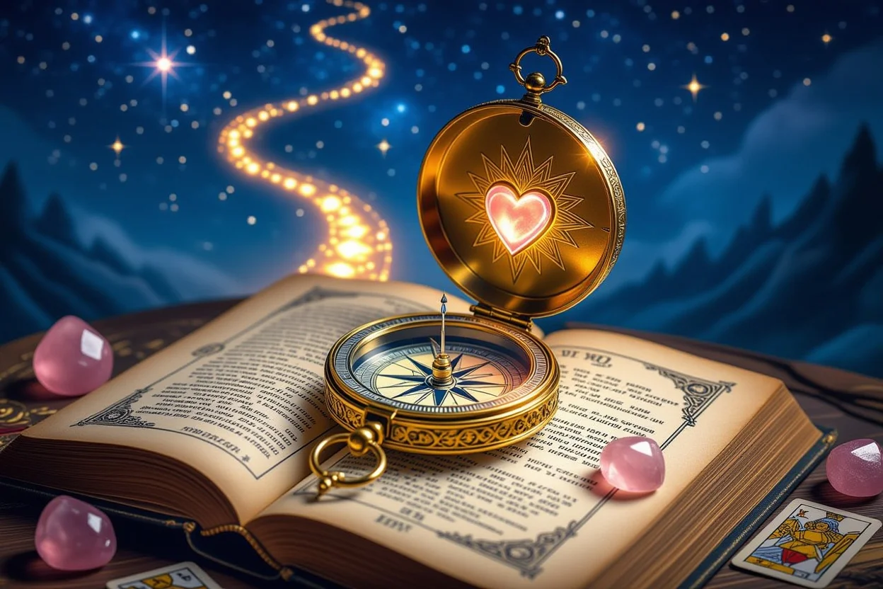 愛の羅針盤とタロットカード、恋愛の方向性を示すコンパスと神秘的な本