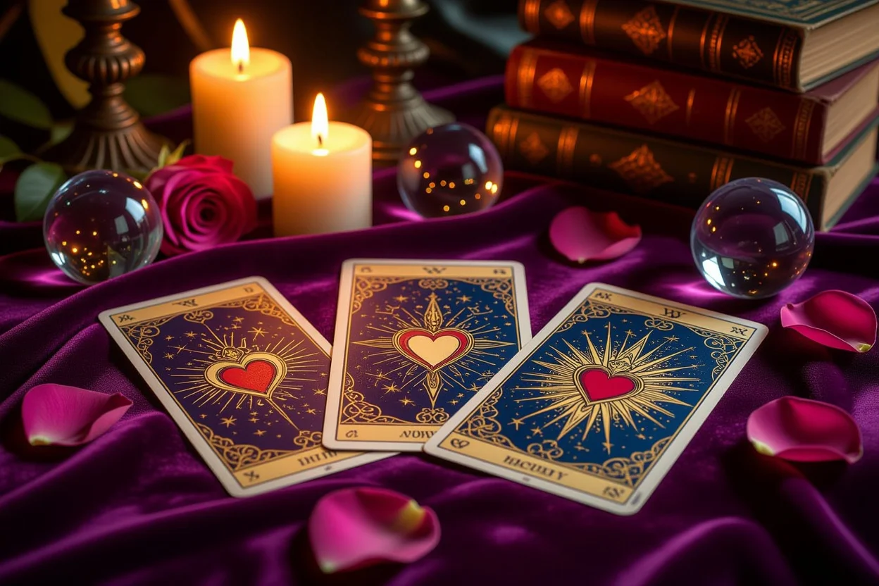 恋愛タロット占いのカードリーディング風景、キャンドルとバラの花びらに囲まれた神秘的な雰囲気