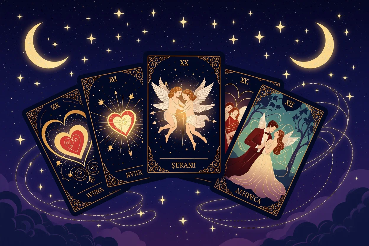 夜空に浮かぶ恋愛タロットカード、星と月に囲まれた運命の恋を導く神秘的なイメージ