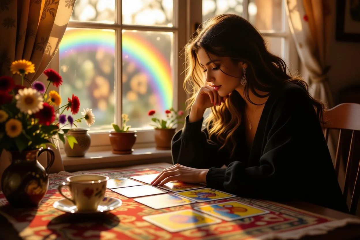 タロットカードで恋愛の悩みを占う人のシルエット、希望に満ちた朝の光の中で未来を見つめる