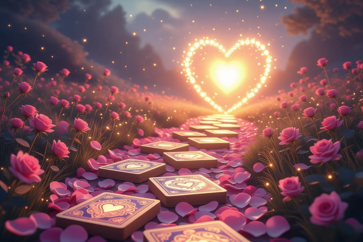 運命の恋へと続くタロットカードの光る道、片思いから復縁まで愛の可能性を示すスピリチュアルな風景