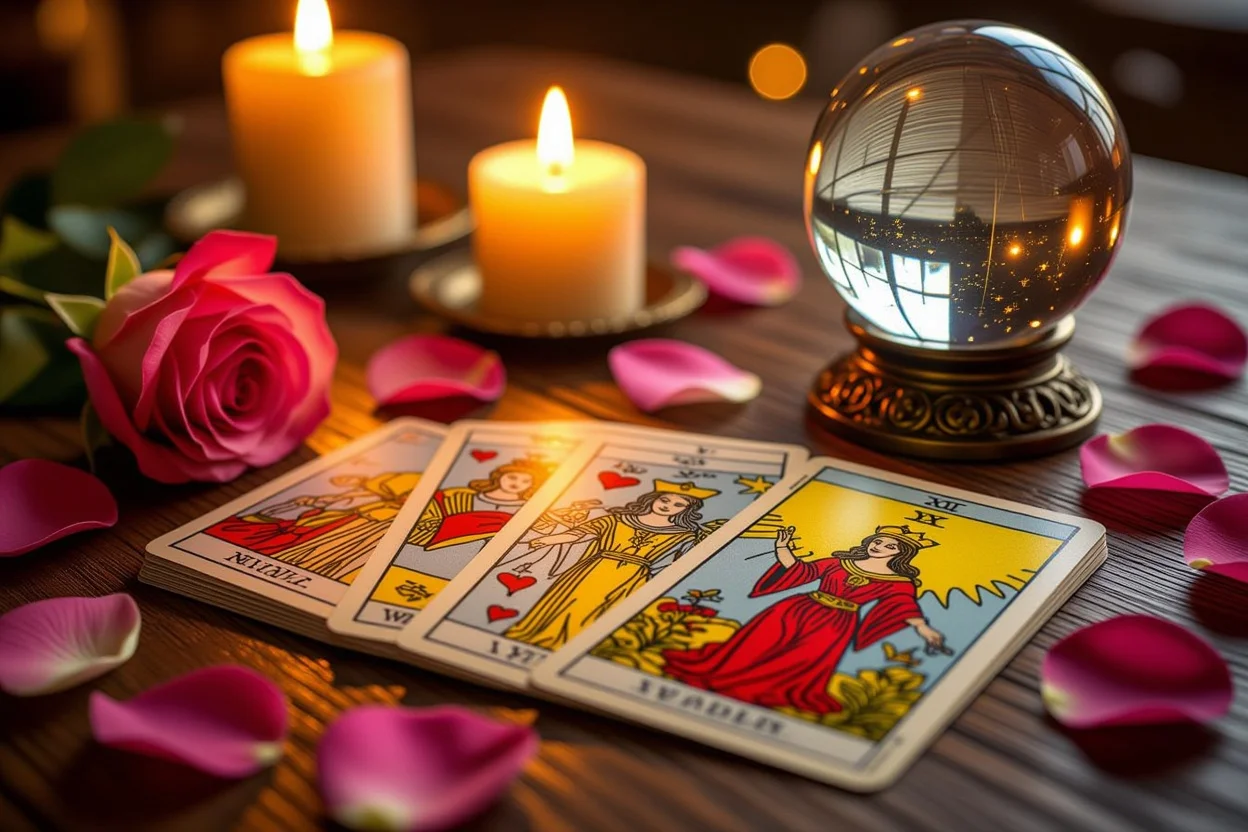 恋愛タロット占いカードとキャンドルの神秘的な雰囲気の画像