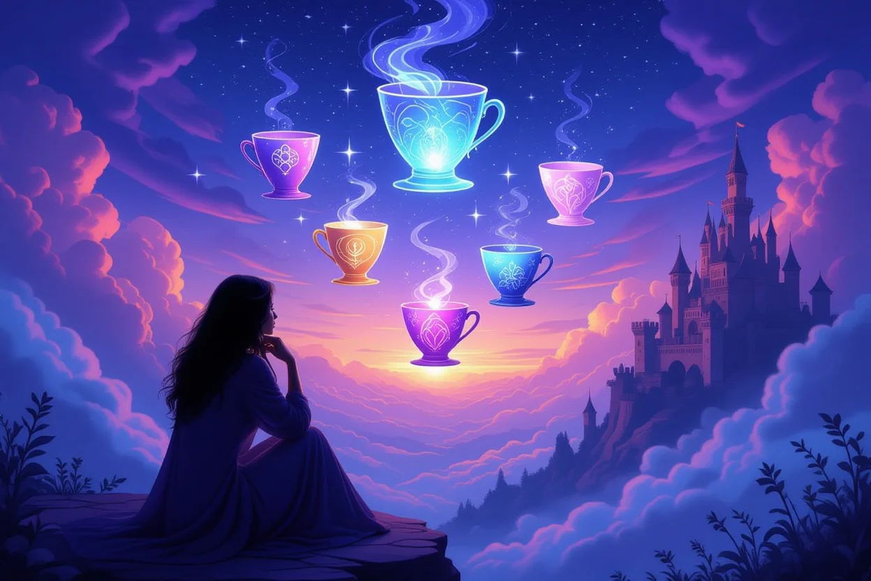 カップの7タロットカードの幻想と選択を表現した神秘的なイラスト