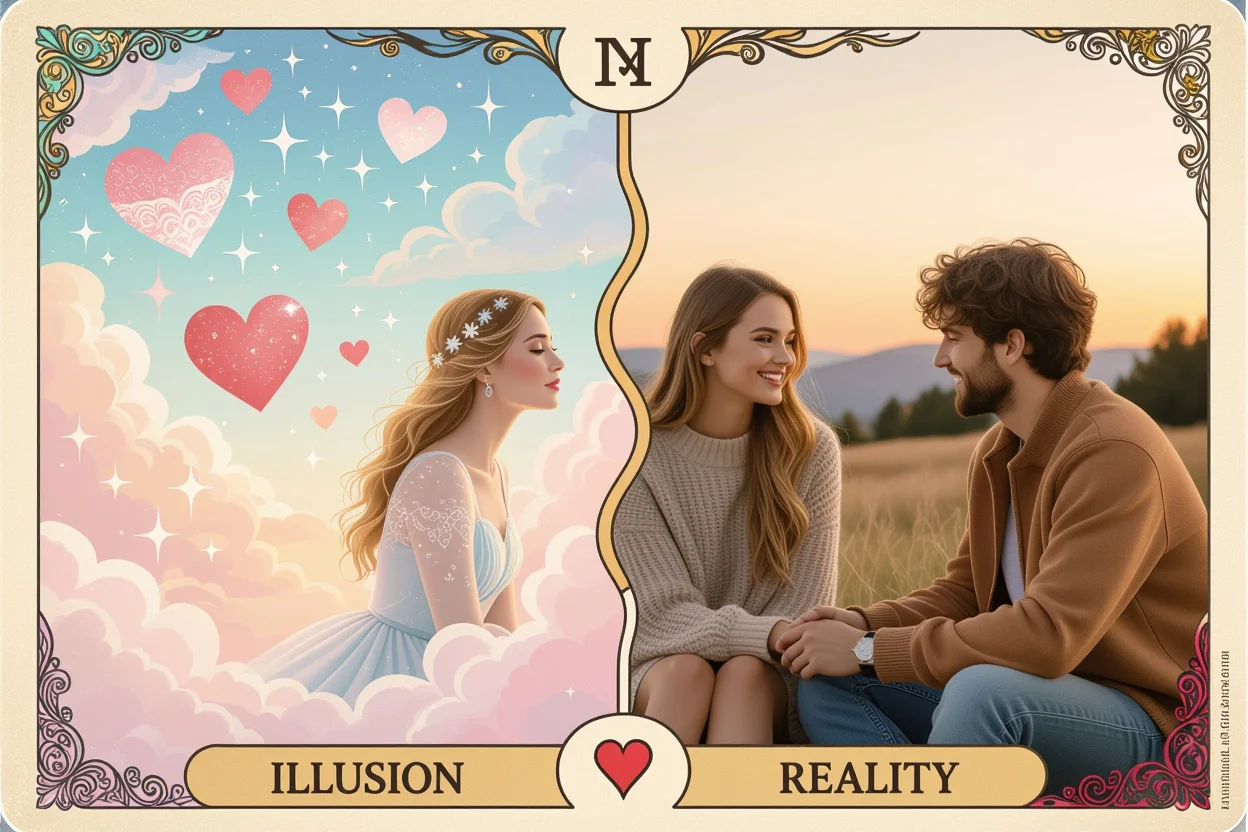 恋愛における幻想と現実の対比を表現したタロットテーマの象徴的な画像