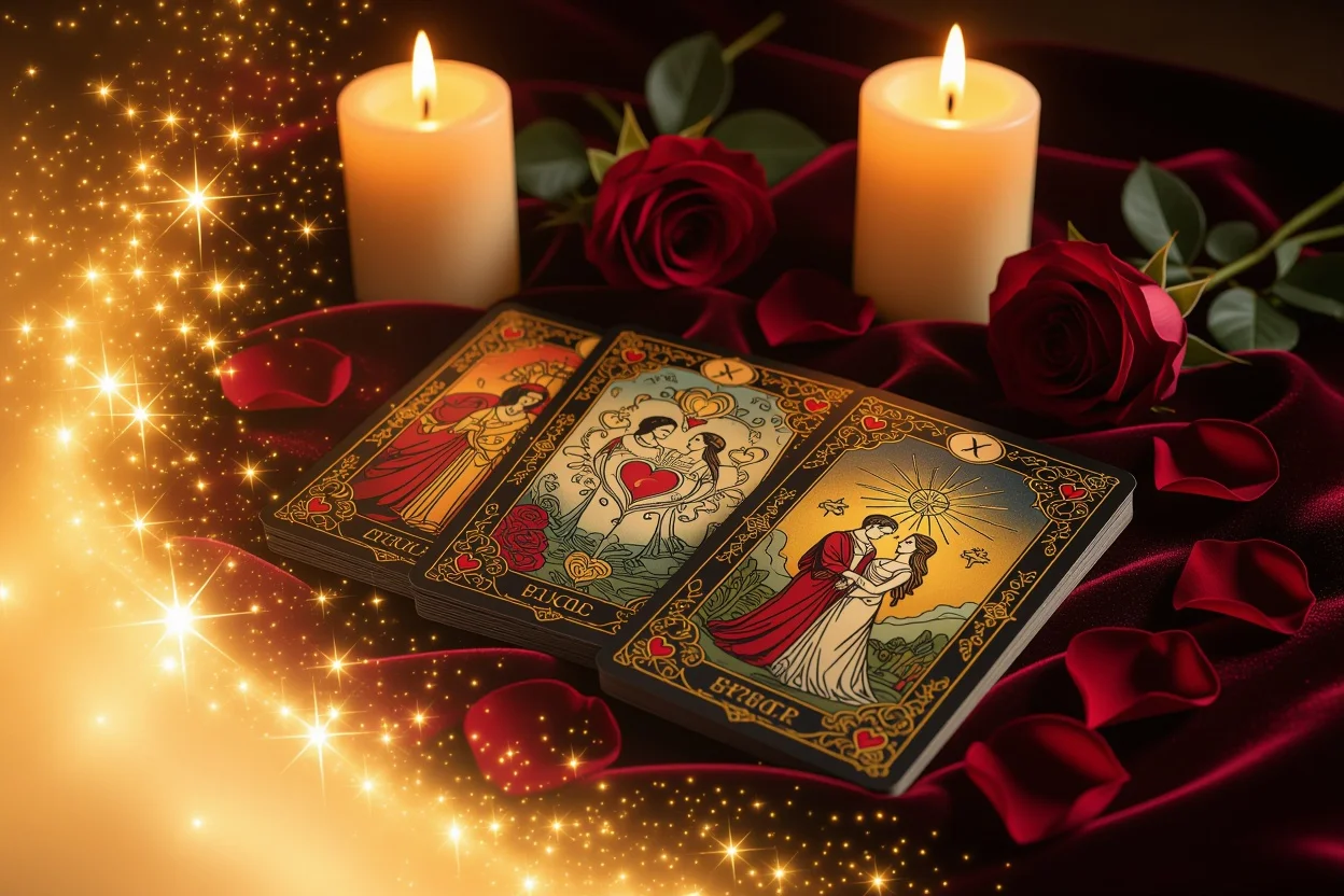 恋愛タロットカードの神秘的なスプレッド配置と幻想的な雰囲気