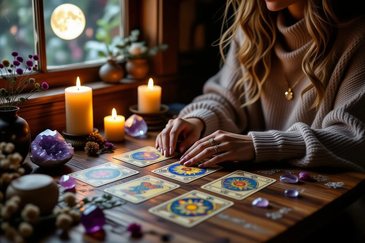 初心者向け恋愛タロット占いの実践風景と神秘的な雰囲気