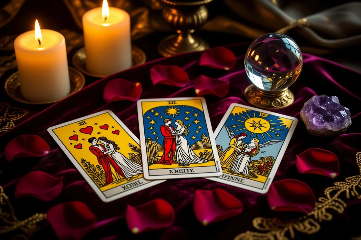 恋愛タロット3枚スプレッド・キャンドルとバラの花びらに囲まれた神秘的な占い