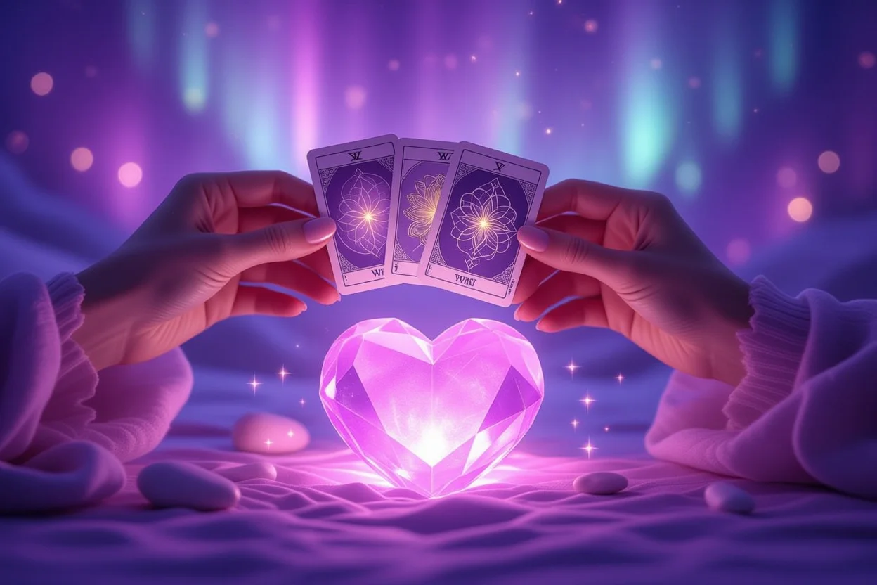 恋愛タロット占い・真実の気持ちを読み解く神秘的な手とハート型クリスタル