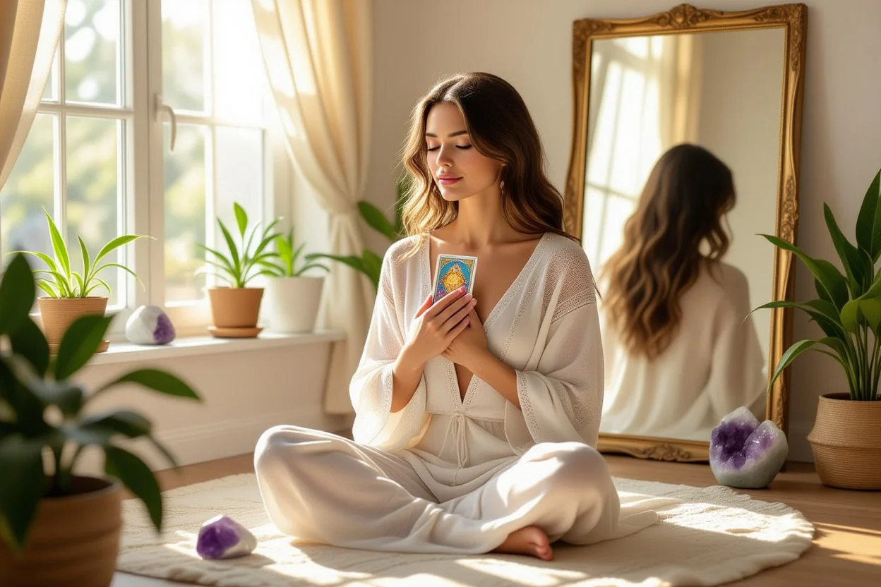 タロットを使った自己理解と内面の成長を表現する瞑想シーン