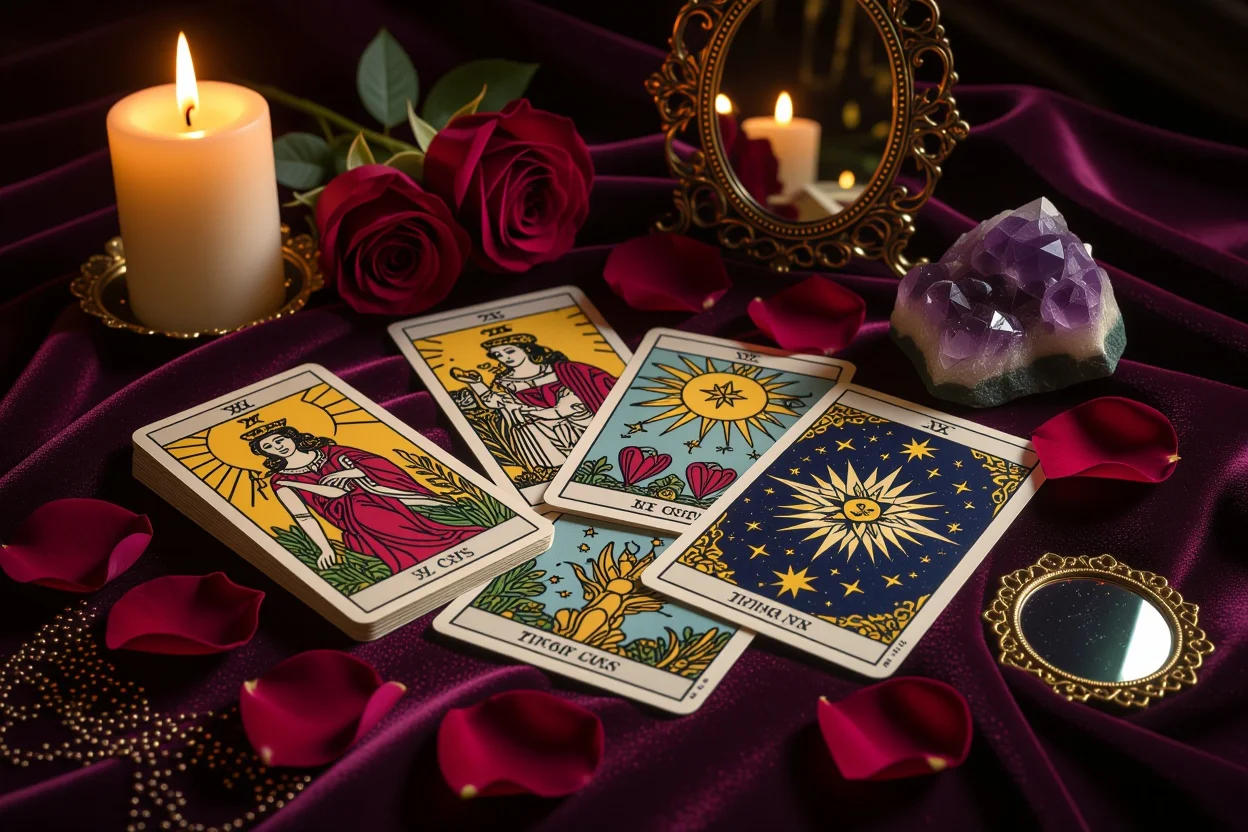 恋愛タロットカードのスプレッド、キャンドルライトとバラの花びらに囲まれた神秘的な占いシーン