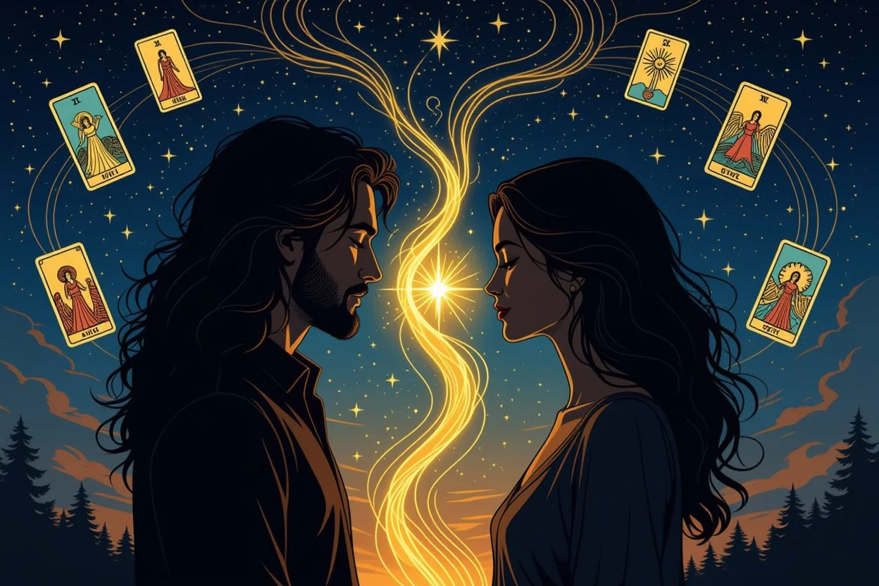 二人の人物を結ぶ神秘的なエネルギーとタロットカード、深い絆と精神的なつながりを表現
