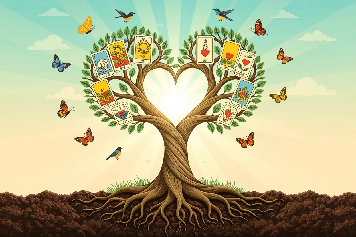 ハート型に絡まる枝を持つ木とタロットカード、恋愛関係の成長と成熟を象徴する幻想的なイメージ