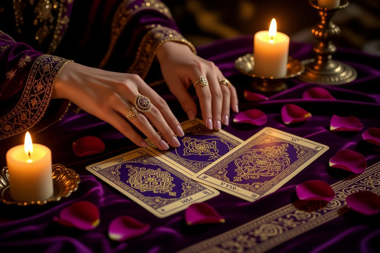 恋愛タロット占いの神秘的な雰囲気を表現した美しいカード配置の画像