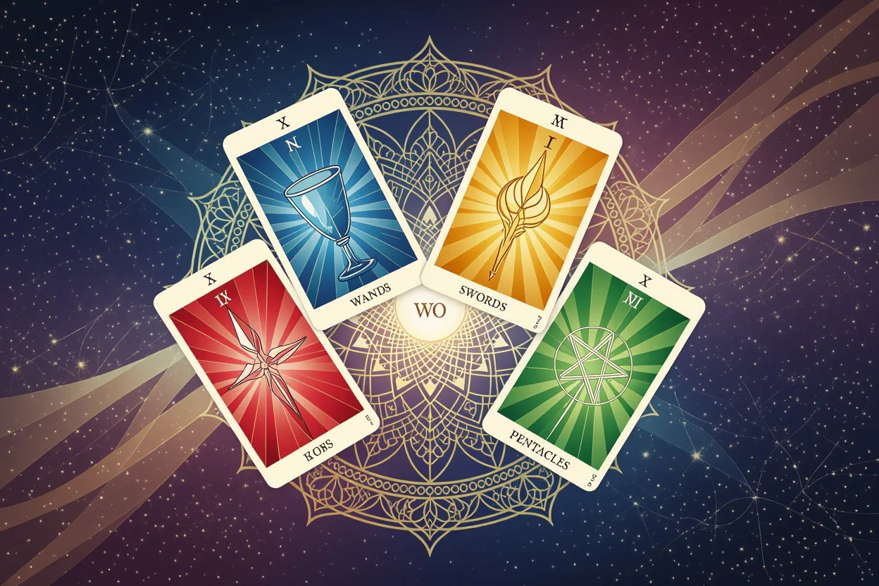 タロットの四大スート（カップ、ワンド、ソード、ペンタクル）を表現した神秘的な画像