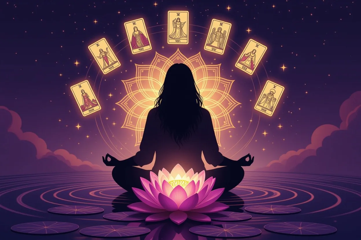 タロットを通じた自己成長と内面の発見を象徴する瞑想的な画像