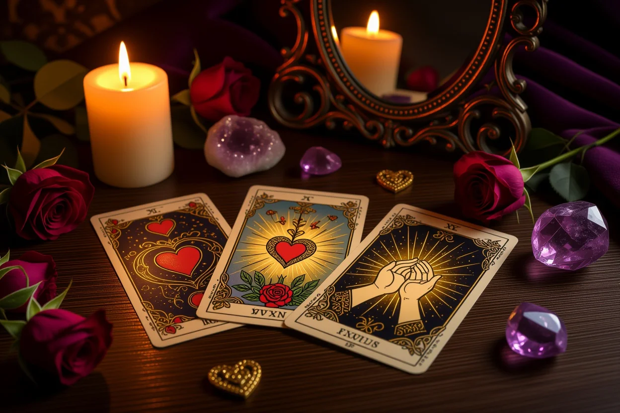 恋愛タロット占いカードと神秘的なキャンドルライト