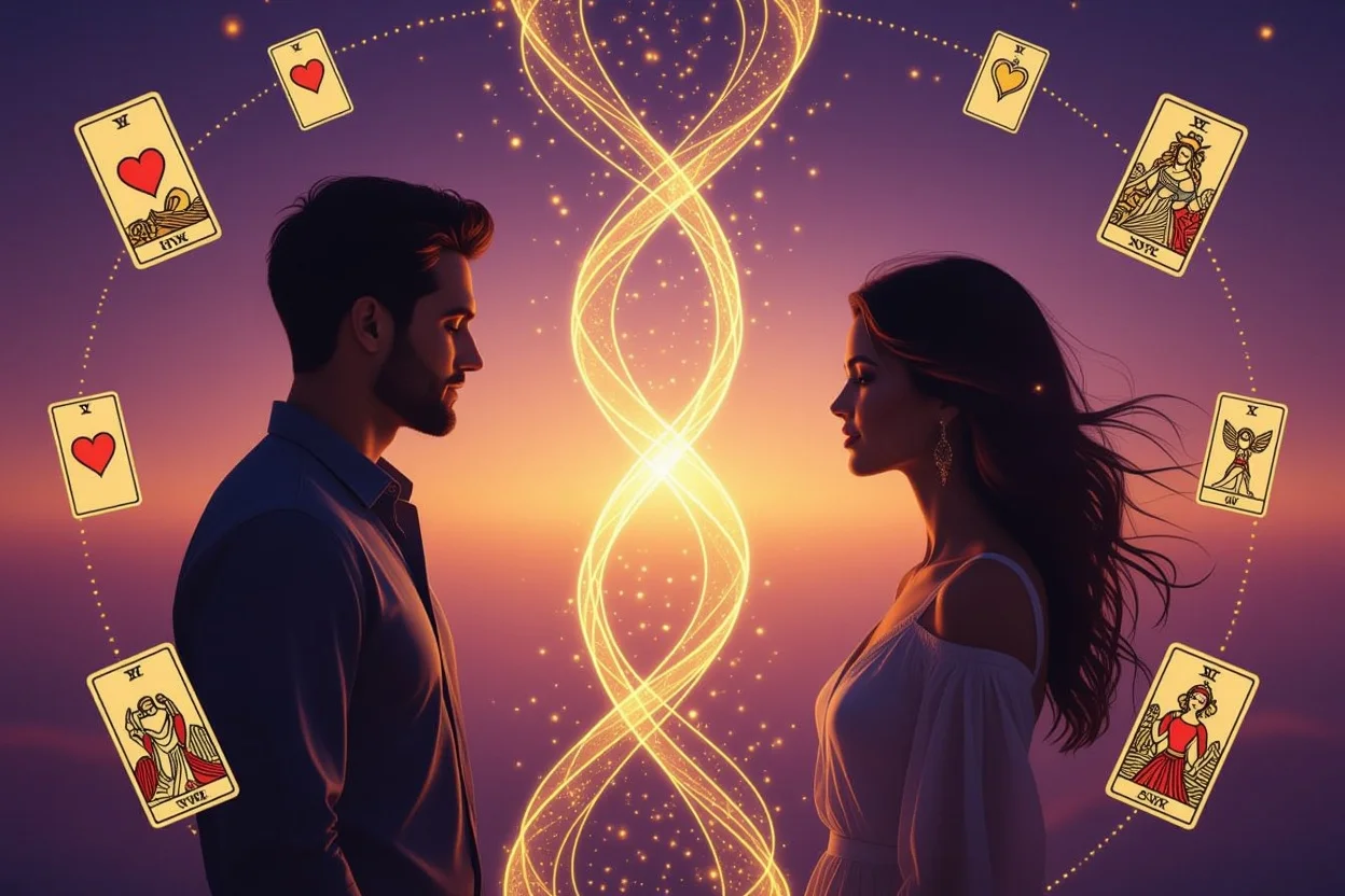 運命の糸で結ばれた恋人たちとタロットカードの神秘的なイメージ