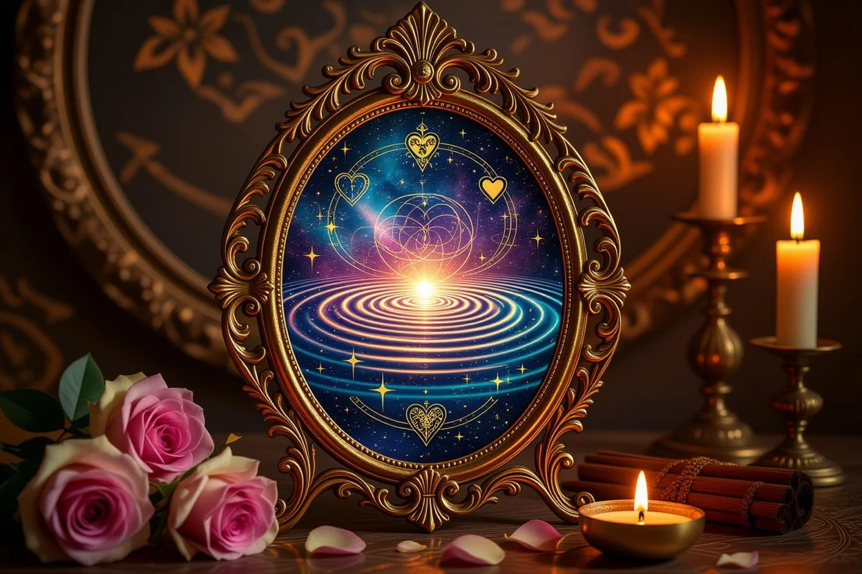 恋愛の真実を映し出す神秘的な鏡とタロットシンボル