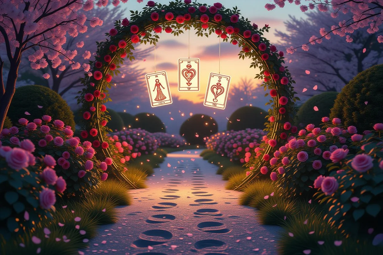 恋愛関係の進展を示すタロットカードと薔薇のアーチの幻想的な小道