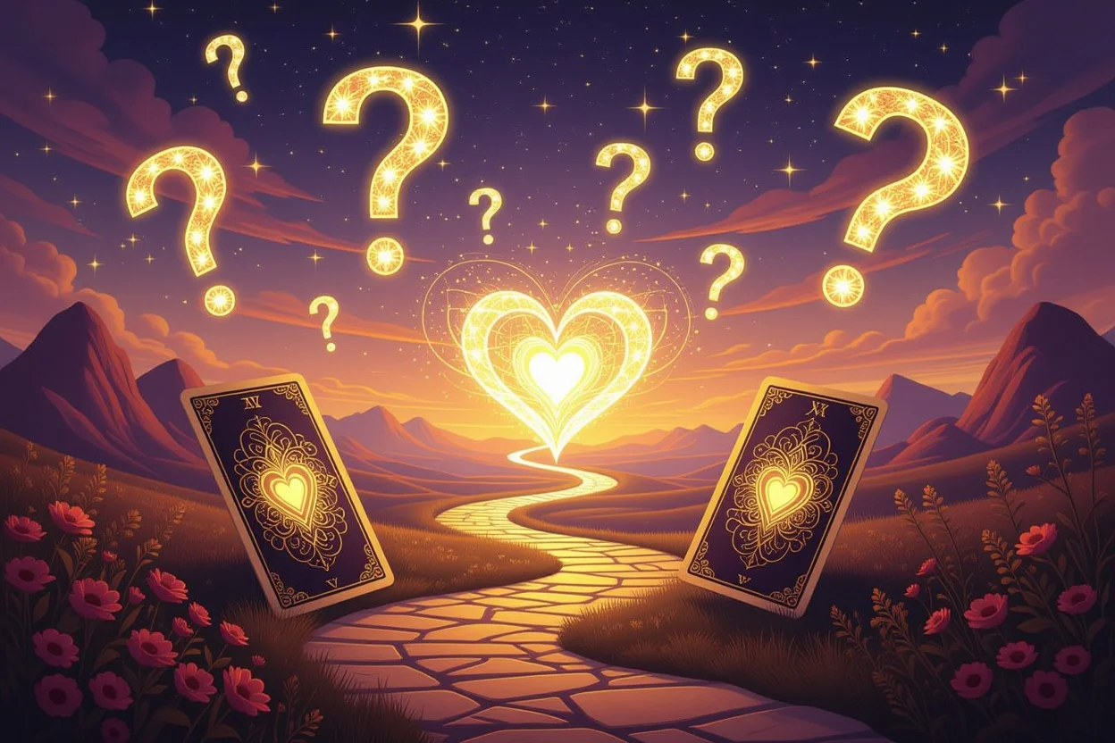 タロットカードと疑問符で表現された内なる答えを探す概念図