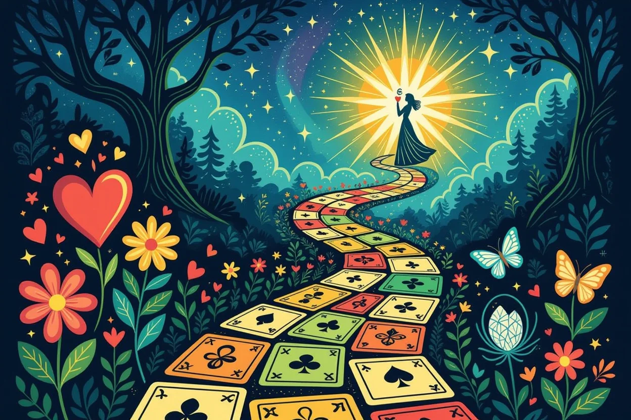 タロットを通じた恋愛成長の道のりを表現したシンボリック画像