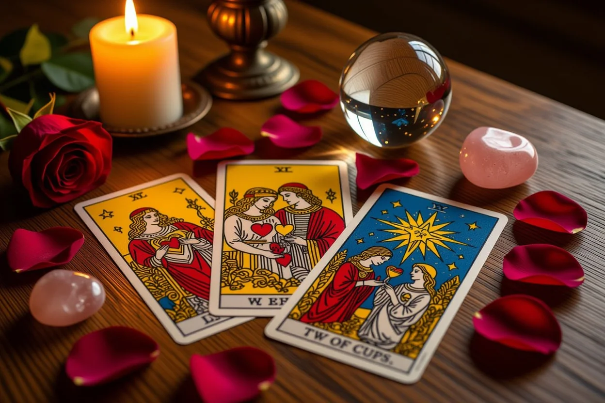 恋愛タロットカードのスプレッド、ろうそくの光とバラの花びらに囲まれた神秘的な占いの様子