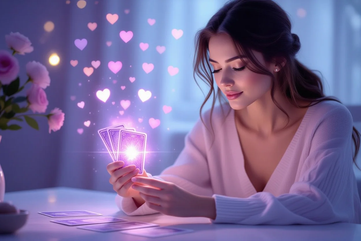 タロットカードに触れながら内面を見つめる女性、真の恋愛の望みを発見する瞬間