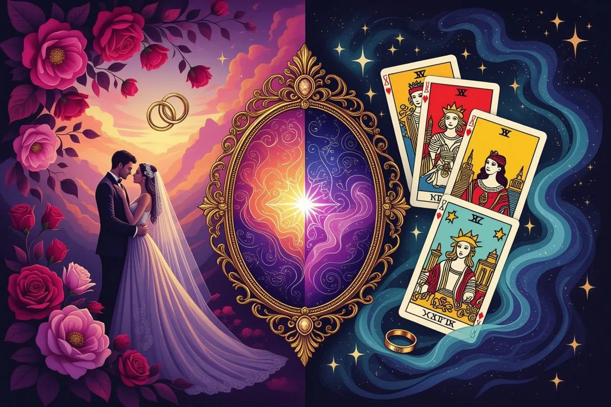 表面的な恋愛願望と深層心理の真実を対比したタロット占い、鏡に映る本当の自分の姿