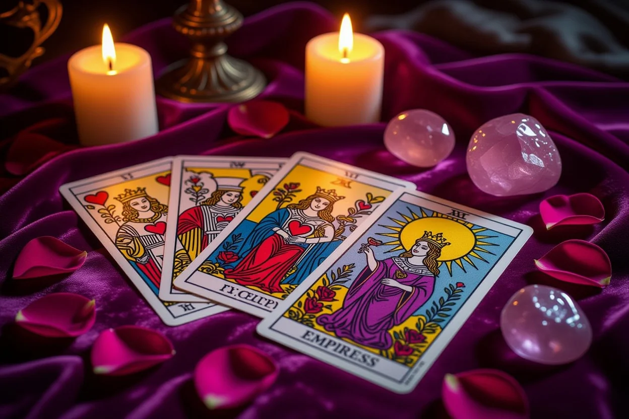恋愛タロットカードの神秘的なスプレッド - ローズクォーツと薔薇の花びらに囲まれた恋愛運占い