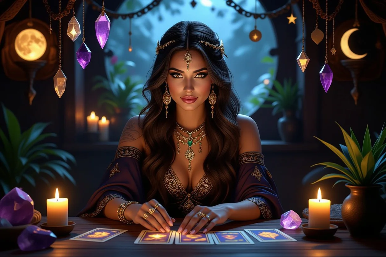 恋愛相談をする神秘的なタロット占い師 - キャンドルライトの中での恋愛運鑑定
