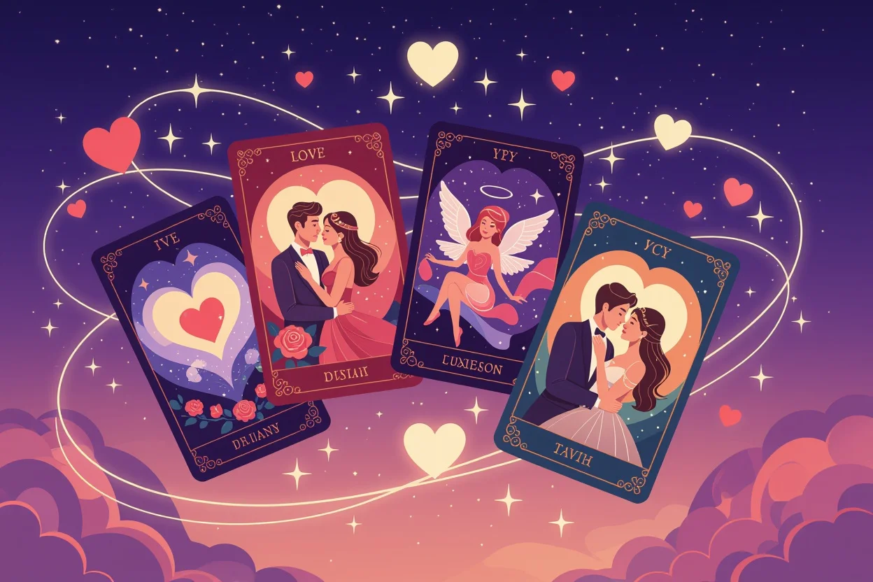宇宙空間に浮かぶ恋愛タロットカード - 運命の恋を表現する神秘的なイメージ