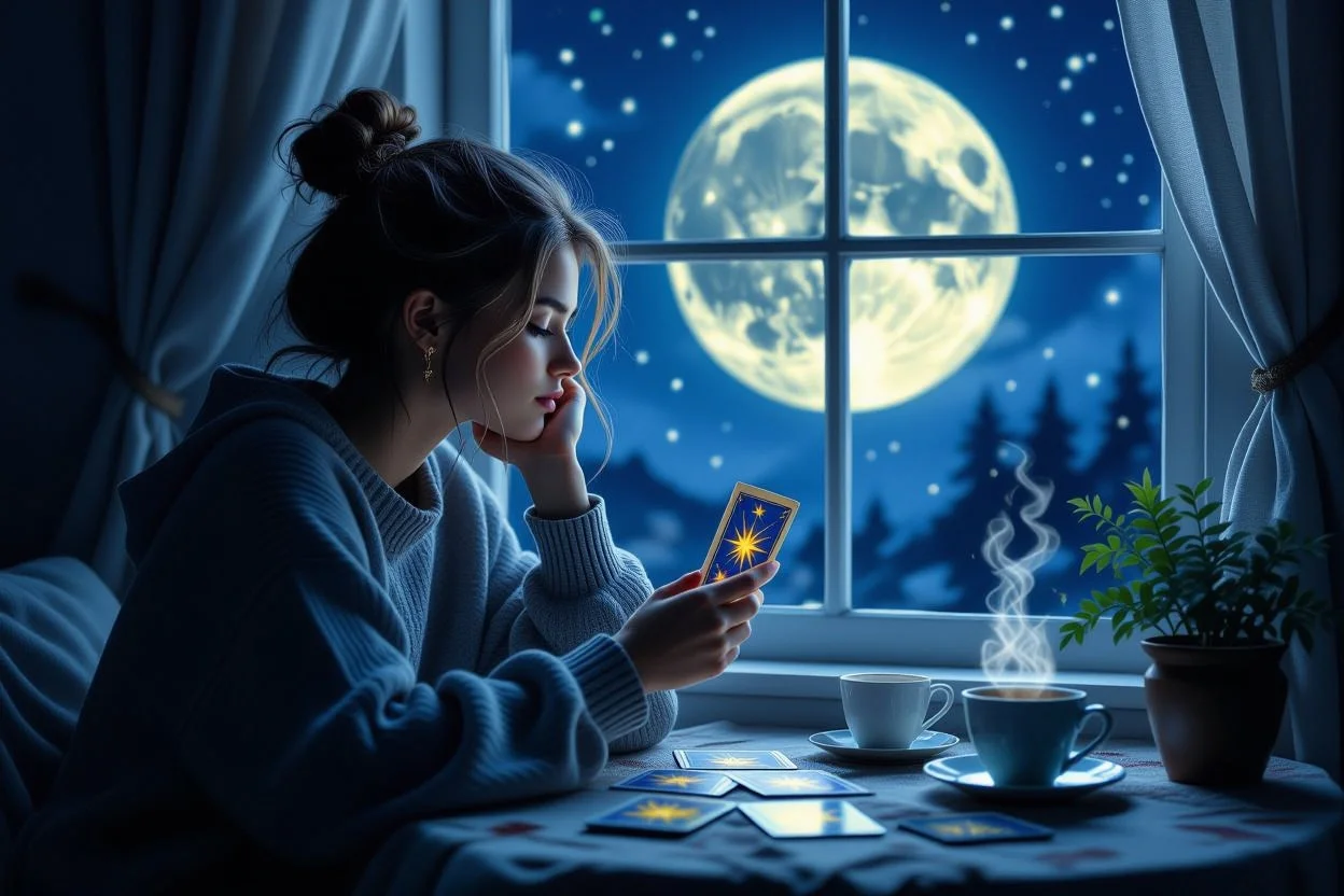 月明かりの下でタロットカードを見つめる人 - 恋愛の未来を占う瞑想的な夜のシーン