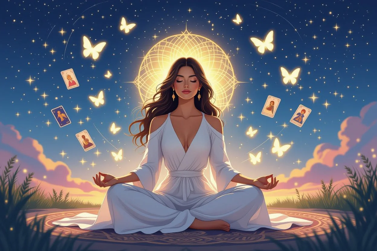 内面の魅力を開花させる女性のシルエット、タロットカードと蝶々に囲まれた自己愛のイメージ