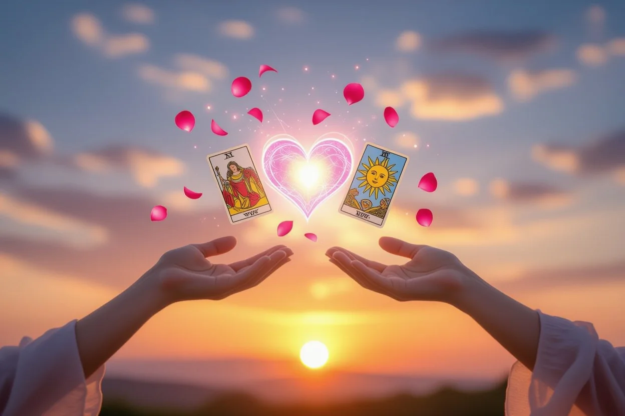 理想の恋を引き寄せるタロットの力、二人の手とハートの光のイメージ