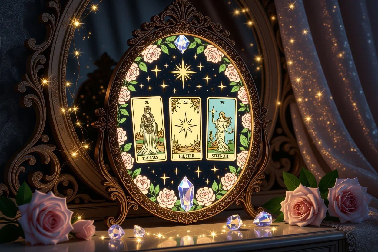 隠された魅力を映すタロットの鏡、自分らしい輝きを発見するイメージ