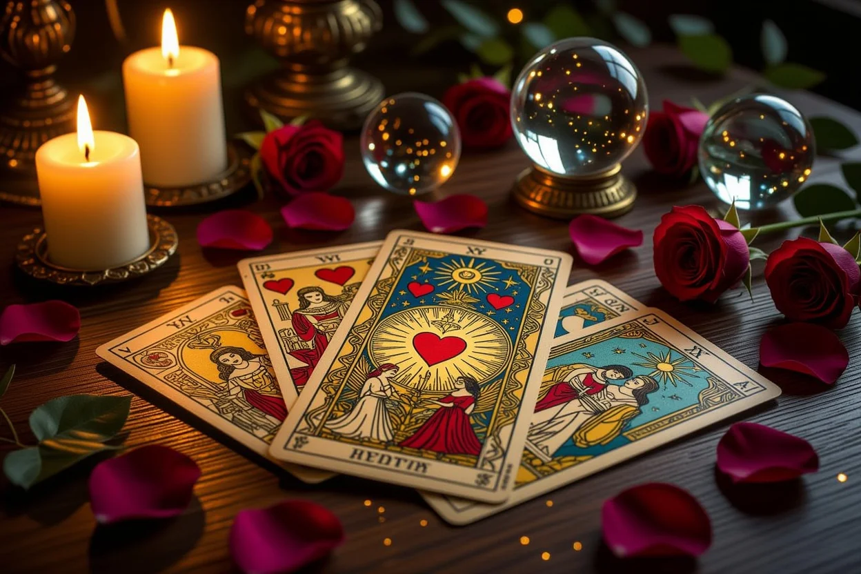 恋愛タロットカードと薔薇の花びらに囲まれた神秘的な占いの光景