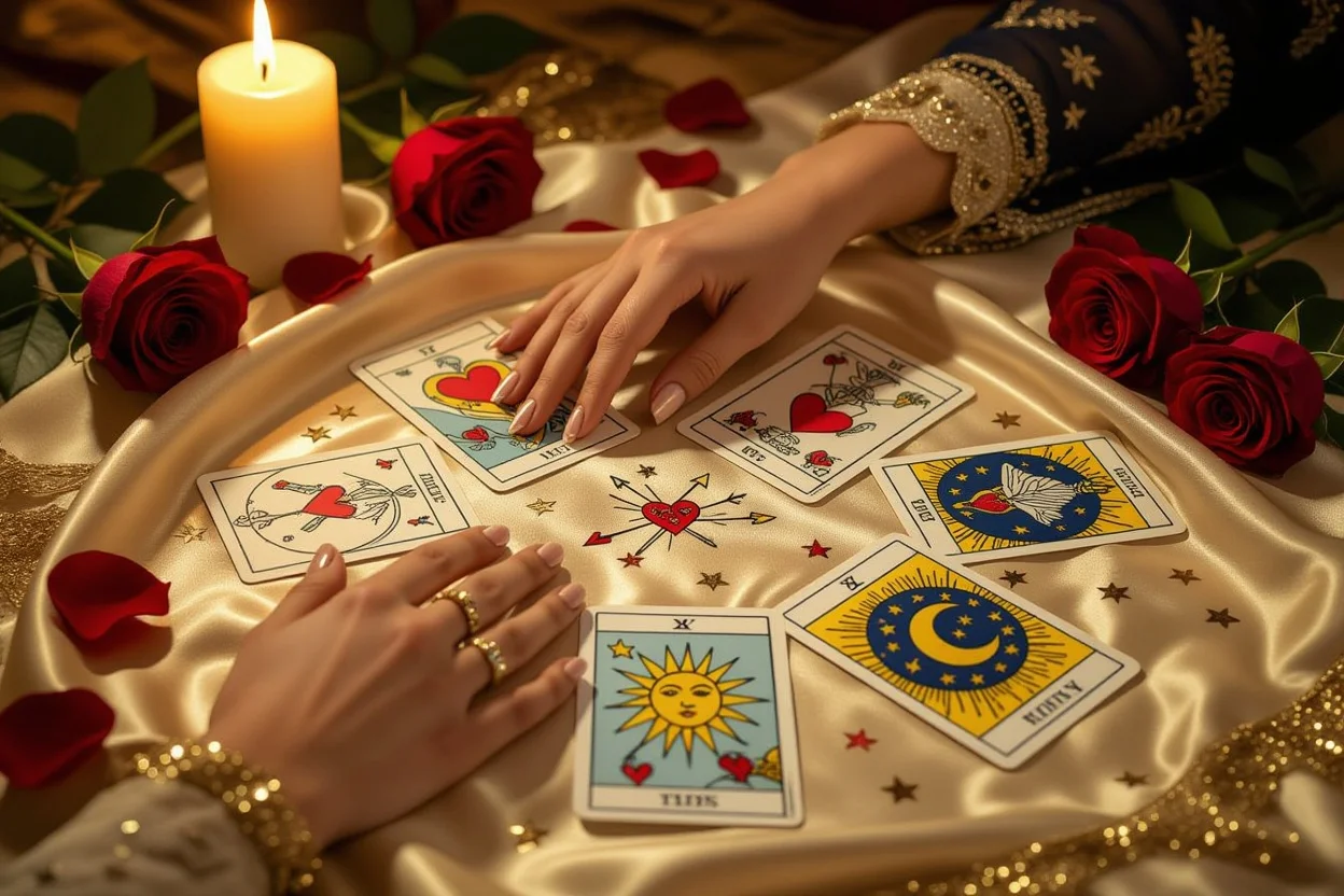 恋愛タロット占いで運命を読み解く手とロマンチックなカード配置