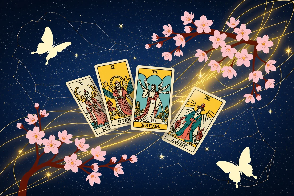 運命の糸と桜の花びらに囲まれた幻想的なタロットカードの世界