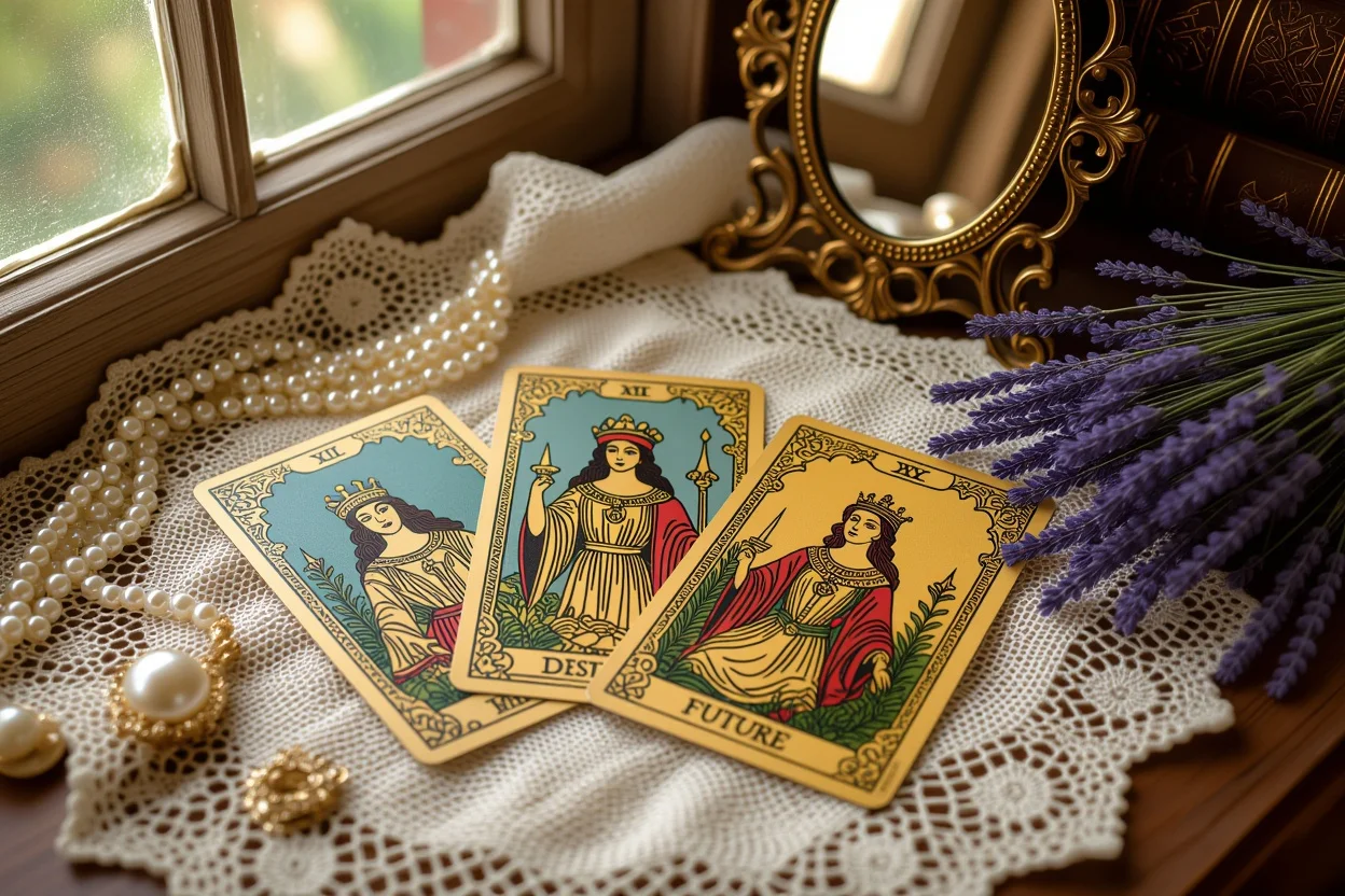 恋愛の未来を示すタロットカードとアンティークな占いアイテム