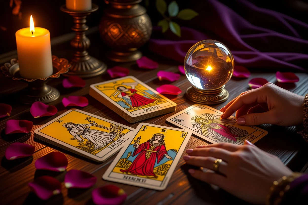 恋愛タロットカードで愛の悩みを解決する神秘的なシーン
