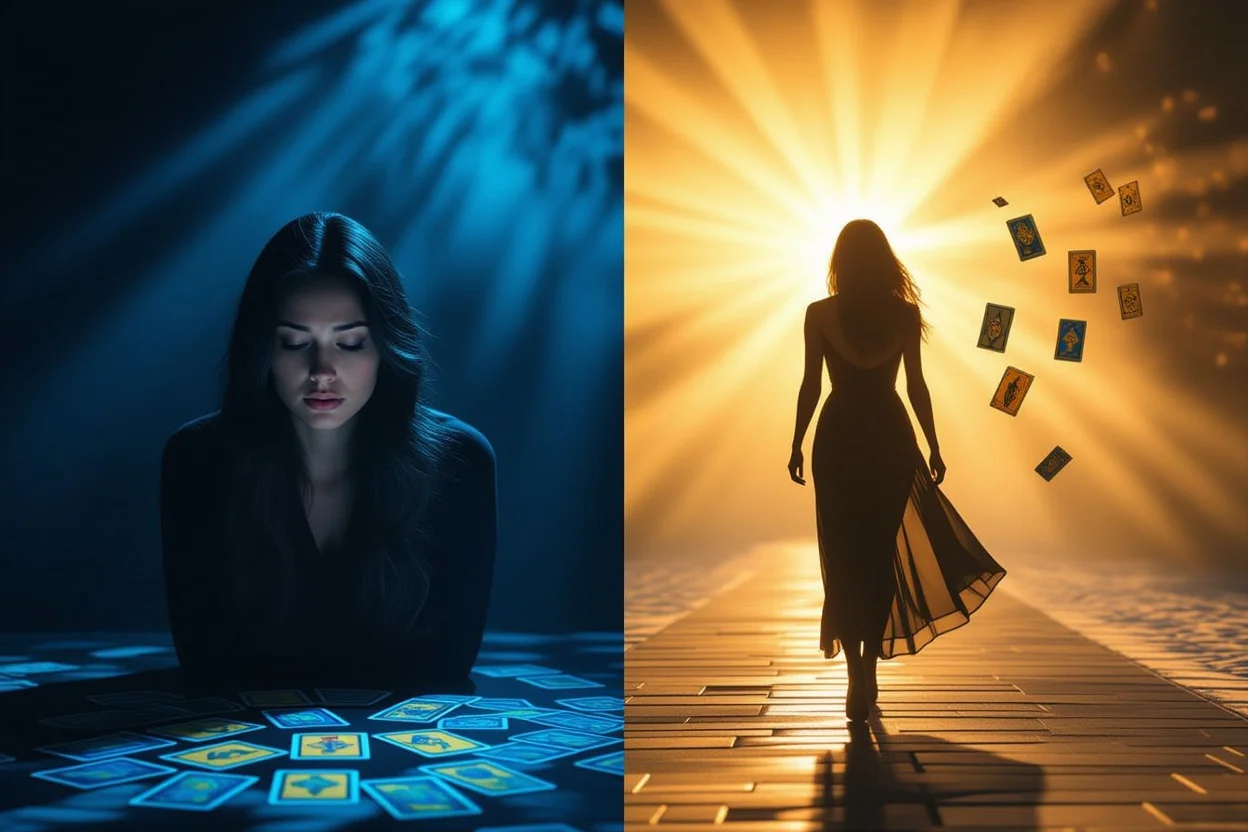 タロット占いによる恋愛問題の解決前後を表現した変化のイメージ