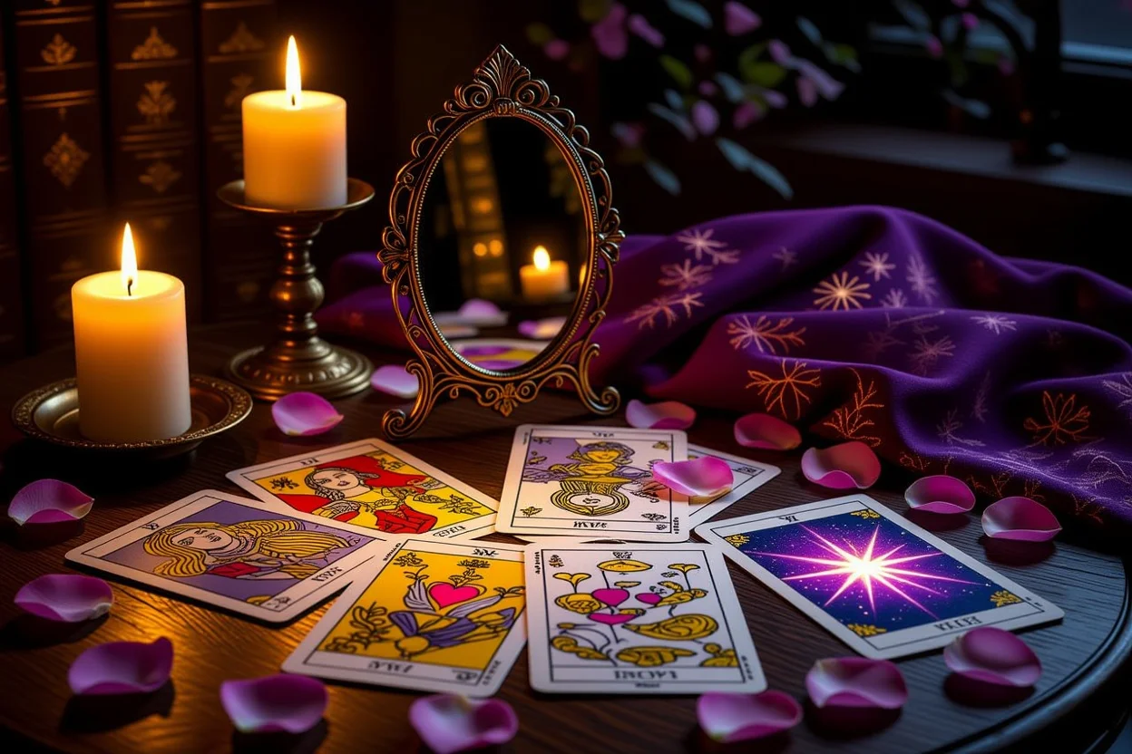 恋愛タロットカードと自己反省を表す鏡のある神秘的なタロット占いシーン