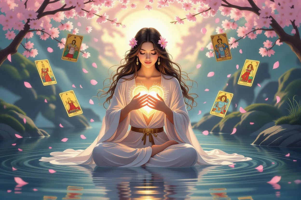 セルフラブと内なる強さを表現する女性とタロットカードの神秘的なイメージ