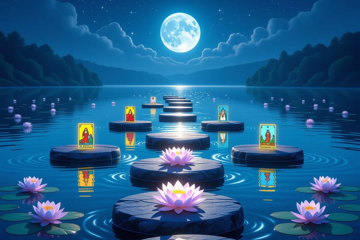 恋愛関係を強化する7つのステップを表現した神秘的な道のりと蓮の花