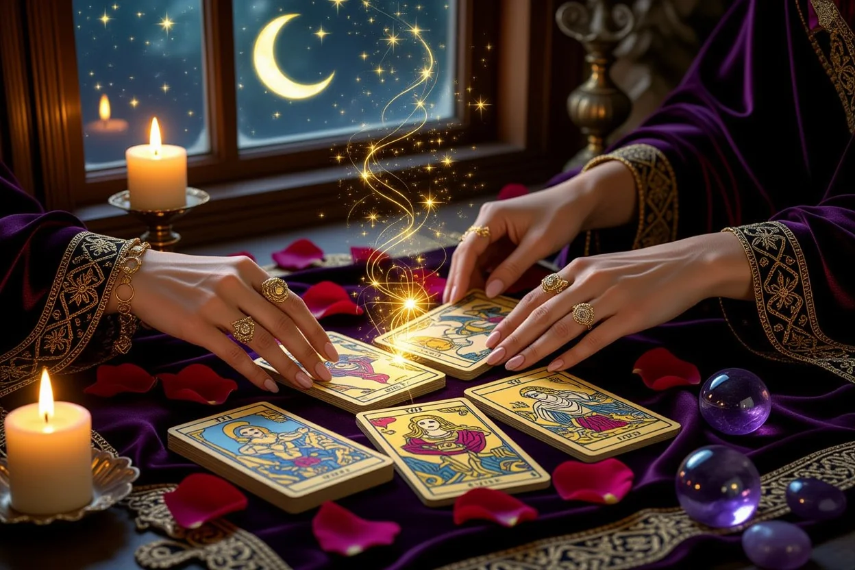 恋愛タロット占いの神秘的な風景、カードとキャンドルに囲まれた占いの場面
