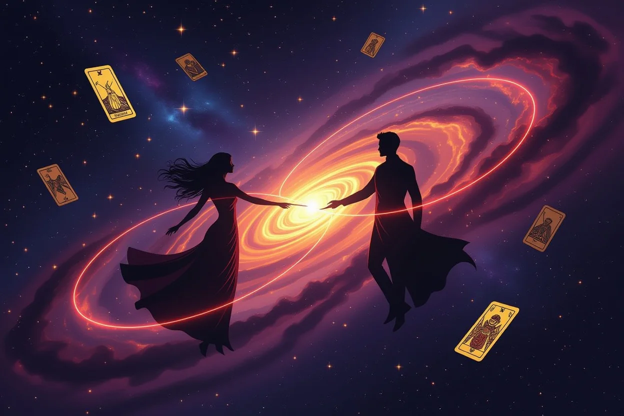 宇宙の愛のエネルギーと赤い糸で結ばれた運命の二人のシルエット