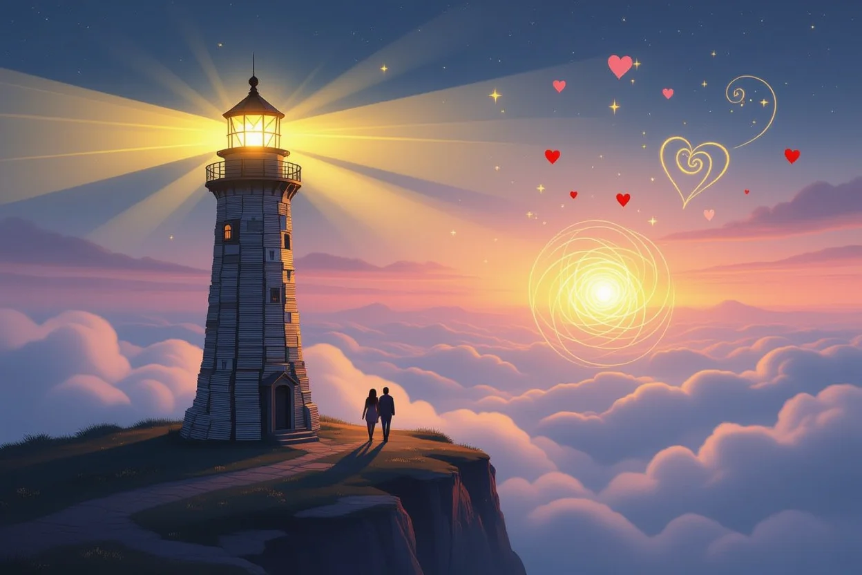 愛の運命を照らす灯台のようなタロットカードと霧の中で出会う恋人たち