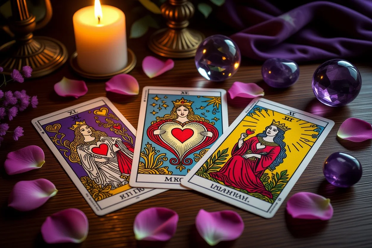 恋愛タロット占いの神秘的なカードリーディングシーン