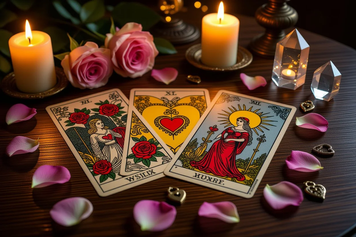 恋愛タロットカードの神秘的なスプレッド、キャンドルライトと薔薇の花びら