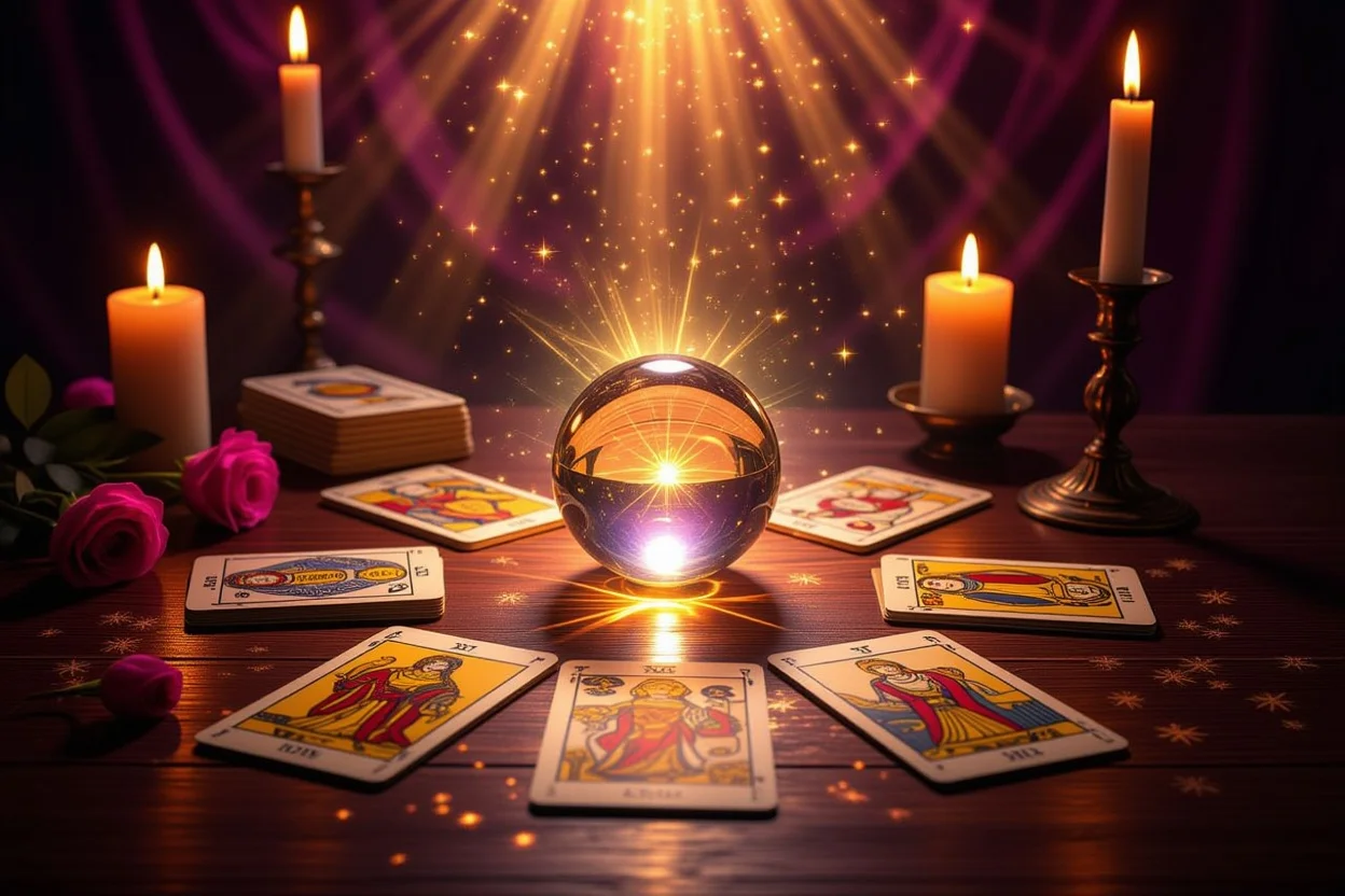 恋愛タロット占いで影を光に変える神秘的なカードとキャンドルの画像